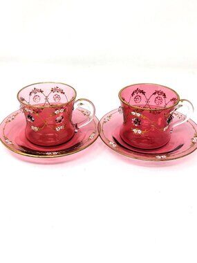 Moser Bohemia Czech Cranberry Glass Cup & Saucer Set 2" Floral Jeweled Enamel